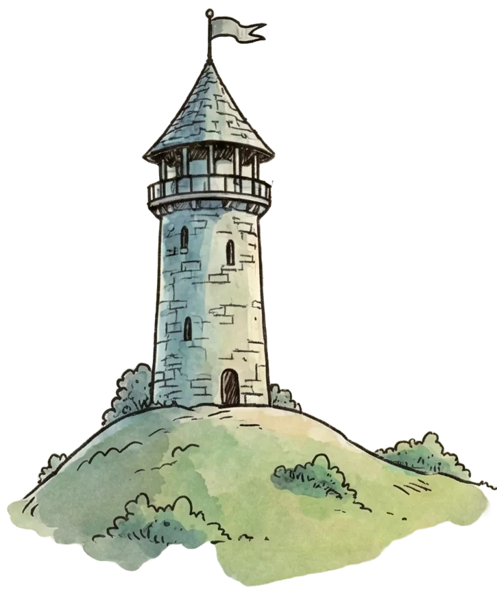 A watercolor watchtower on a green hill, flying a pennant